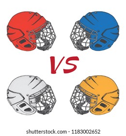 Hockey Helmets with mask. Side view. Sports Vector illustration isolated on white background. Ice hockey sports equipment. Hand drawn helmets in cartoon style..