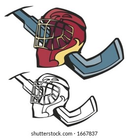 Hockey helmets and a stick. Vector illustration