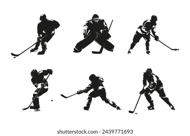 Hockey, ice hockey players, group of vector silhouettes. Set of winter team sport athletes