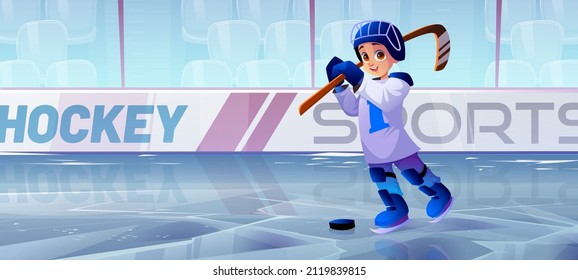 Hockey ice rink with boy player in helmet and skates. Vector cartoon illustration of public sport stadium with ice field, benches and kid with puck and hockey stick