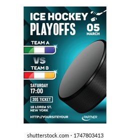 Hockey Ice Rink Sport Annual Event Poster Vector. Sportive Skater Player And Goalie Accessory Hockey Stick And Puck, Protective Kit And Skates. Bar Announcement Flyer Color Concept Layout Illustration