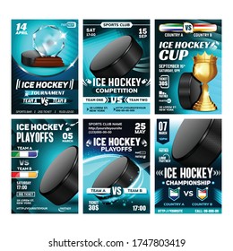 Hockey Ice Rink Sport Promo Posters Set Vector. Playing Puck And Hockey Stick Sport Equipment Collection On Different Creative Advertising Banners. Booklets Concept Template Illustrations