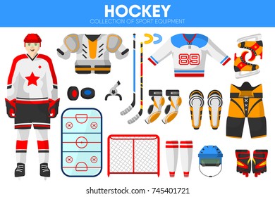 Hockey ice sport equipment game player garment accessory vector icons set