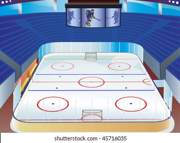 Hockey  Ice Stadium With Detailed Information Screen, Field, Goals And Tribunes. Vector Illustration.