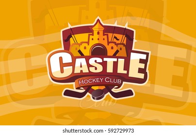 Hockey icon Castle logo, emblem pattern. Colorful hockey tournament stickers on shield with two crossed sticks. Vector isolated sports illustration design