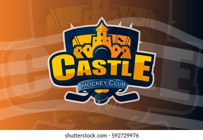 Hockey icon Castle logo, emblem pattern. Colorful hockey tournament stickers on shield with two crossed sticks. Vector isolated sports illustration design