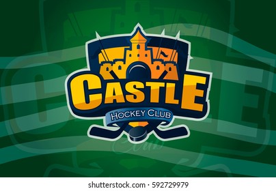Hockey icon Castle logo, emblem pattern. Colorful hockey tournament stickers on shield with two crossed sticks. Vector isolated sports illustration design