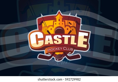 Hockey icon Castle logo, emblem pattern. Colorful hockey tournament stickers on shield with two crossed sticks. Vector isolated sports illustration design
