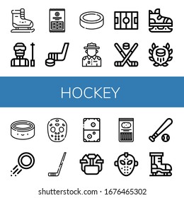 hockey icon set. Collection of Ice skating, Ski, Sticks, Hockey stick, Puck, Ranger, Hockey pitch, Ice skate, mask, Air helmet, Baseball ball icons