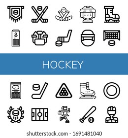 hockey icon set. Collection of Puck, Sticks, Hockey stick, Hockey helmet, Ice player, Ice skate, goal, pitch, Billiard, Ice skating icons