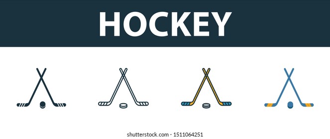 Hockey icon set. Four elements in diferent styles from sport equipment icons collection. Creative hockey icons filled, outline, colored and flat symbols.