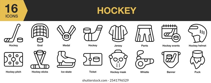 Conjunto de iconos de hockey. Incluye Anuncio, gol, evento, casco, máscara, lanzamiento, palo y más. Colección de Vector de iconos de contorno.