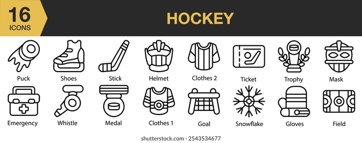 Conjunto de iconos de hockey. Incluye Anuncio, gol, evento, casco, máscara, lanzamiento, palo y más. Colección de Vector de iconos de contorno.