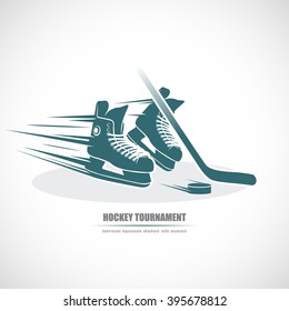 Hockey icon. Skates, hockey stick, puck.