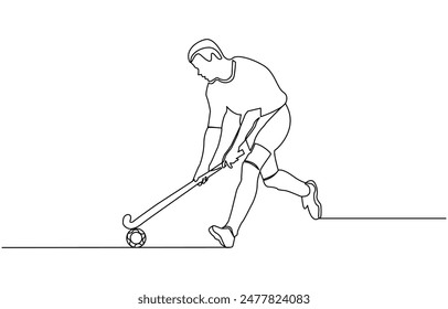 Icono de hockey, ilustración de stock de Vector, dibujo de una línea de palo de golf, bola de golf. Vector dibujado sobre un fondo blanco, hockey. Vector plano, palo de hockey para hierba,