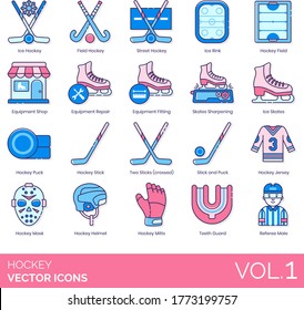 Hockey icons including field, street, rink, equipment shop, repair, fitting, skates sharpening, ice skating, puck, two sticks crossed, jersey, mask, helmet, mitts, teeth guard, referee male.