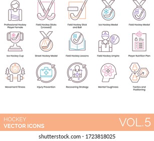 Hockey Icons Including Professional Player Female, Field Stick And Ball, Ice Medal, Cup, Street, Umpire, Nutrition Plan, Movement Fitness, Injury Prevention, Recovering Strategy, Tactics, Positioning.