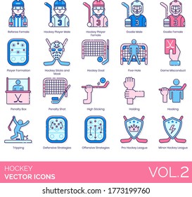 Hockey Icons Including Referee, Player, Goalie, Formation, Goal, Five Hole, Game Misconduct, Penalty Box, Shot, High Sticking, Holding, Hooking, Tripping, Defensive, Offensive Strategy, Pro, League.