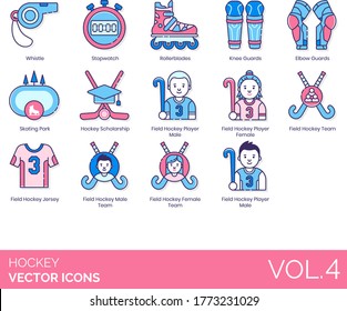 Hockey icons including whistle, stopwatch, rollerblades, knee, elbow guard, skating park, scholarship, player, field team, jersey.