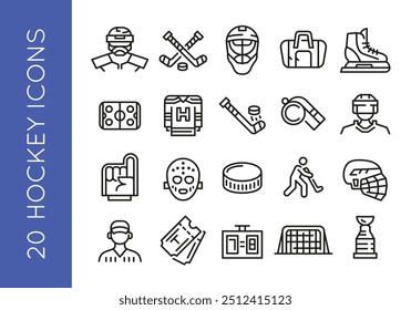 Iconos de hockey. Conjunto de 20 iconos mínimos con temática de hockey. Casco, disco, patines, palo, icono de máscara de portero. Diseñe letreros para la página de Web, el App móvil y los materiales impresos. Ilustración vectorial