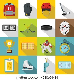 Hockey icons set. Flat illustration of 16 hockey vector icons for web