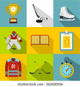 Hockey icons set. Flat illustration of 9 hockey vector icons for web