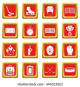 Hockey icons set in red color isolated vector illustration for web and any design