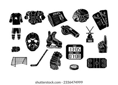 Se establecen ilustraciones de hockey, estilo de grabado. La colección de símbolos aislados de atributos de hockey. Ilustración de textura vectorial	