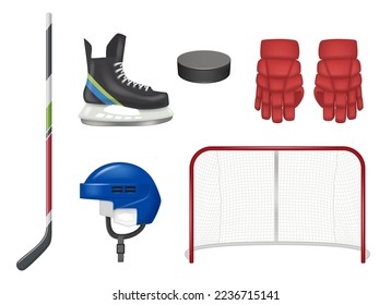 Hockey items. Stick pucks helmet gloves decent vector realistic template of professional sport