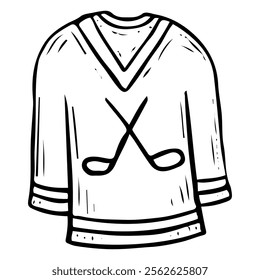 Hockey jersey hand drawn doodle. Sports equipment. Clothes uniform. Sweater, long sleeve. Winter game. Professional match. Vector line art illustration.