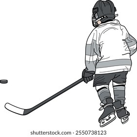 HOCKEY Kid, Criança, Menor (Juventude) Hóquei Ácaro Jogador de volta, figura de patinador por trás, forma, silhueta, linha de desenho ilustração