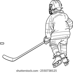 HOCKEY Niño, Niño, Menor (Juventud) Hockey Mite PLAYER espalda, patinador figura desde atrás, dibujo de línea ilustración, contorno, claro, transparente