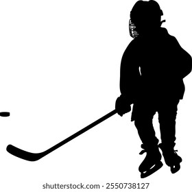 HOCKEY Kid, Child, Minor (Youth) Hockey Mite PLAYER back, skater figure from behind, shape, black silhouette, line drawing illustration