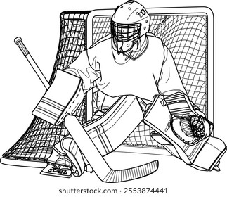 Hockey Kid Goalie 1, Youth Hockey Goalkeeper, line drawing illustration, white black sticker file, detailed vector EPS 