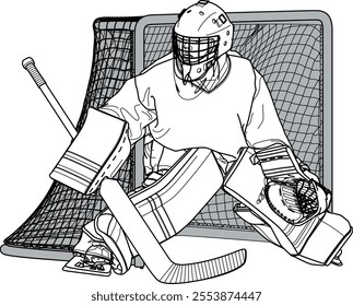 Hockey Kid Goalie 1, Youth Hockey Goalkeeper, line drawing illustration, grey white black sticker file, detailed vector EPS 