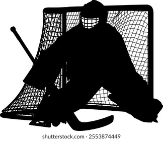 Hockey Kid Goalie 1, Youth Hockey Goalkeeper, black silhouette, detailed vector EPS 