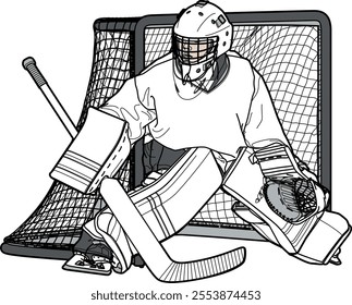 Hockey Kid Goalie 1, Youth Hockey Goalkeeper, color line drawing illustration, detailed vector EPS 