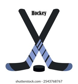 Hockey kit with crossed sticks and puck for winter skating in blue color isolated on white background. Hand drawn vector illustration in flat style. Winter sport game. Equipment tools for playing