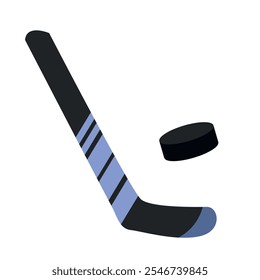 Hockey kit with stick and puck for winter skating in blue color isolated on white background. Hand drawn vector illustration in flat style. Winter sport game. Equipment tools for playing