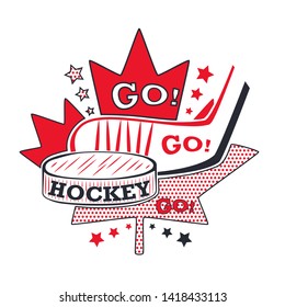 Hockey label in pop art style. Sport team game insignia with hockey sticks and puck