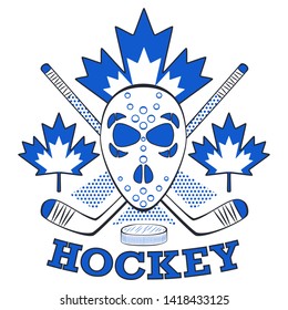 Hockey label in pop art style. Sport team game insignia with hockey puck, sticks and mask