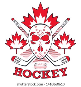 Hockey label in pop art style. Sport team game insignia with hockey puck, sticks and mask