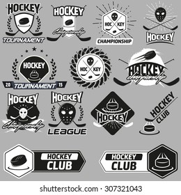 Hockey Label set . Flat black and white vintage logo. 