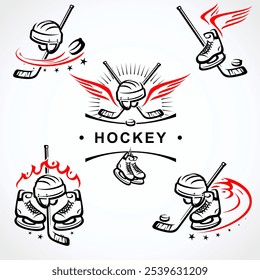 Etiquetas de hockey y conjunto de iconos. Colección iconos de hockey. Vector