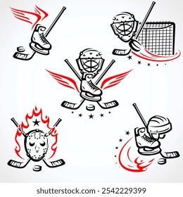 Etiquetas de hockey y conjunto de iconos. Colección iconos de hockey. Vector