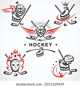 Etiquetas de hockey y conjunto de iconos. Colección iconos de hockey. Vector