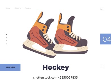 Hockey landing page design template with pair of professional skates athlete sportsman uniform