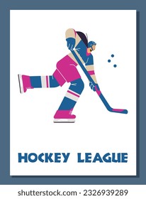 Hockey league advertising banner poster design  cartoon flat vector illustration white background  Promo banner card template and hockey player ice field 