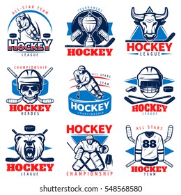 Hockey league emblem set with hockey tournament all star team hockey descriptions vector illustration