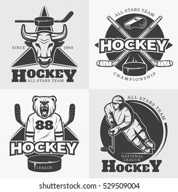 Hockey league monochrome composition of four decorative square emblem compositions labels for all stars sports team vector illustration